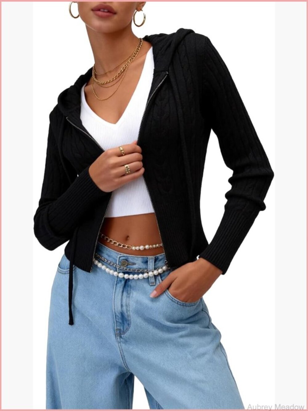 Crop Hoodie Cardigan Zip Up Cable Knit Long Sleeve Y2k Jacket